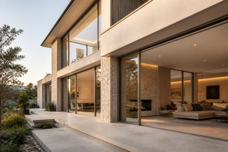 Conceptual contemporary residence with slim framed openings and large areas of glass